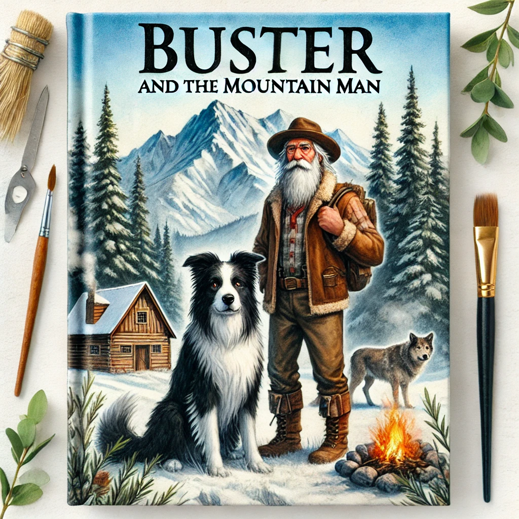 DALL·E 2024-07-17 06.48.18 - Realistic watercolor book cover for 'Buster and the Mountain Man' from the Buster's Tales Series. The cover features Buster, a heroic Border Collie, s