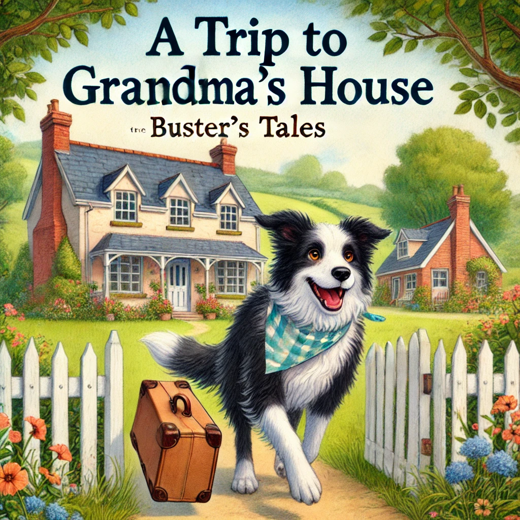 DALL·E 2024-07-17 06.48.23 - Realistic watercolor book cover for 'A Trip to Grandma's House' from the Buster's Tales Series. The cover features Buster, a heroic Border Collie, hap