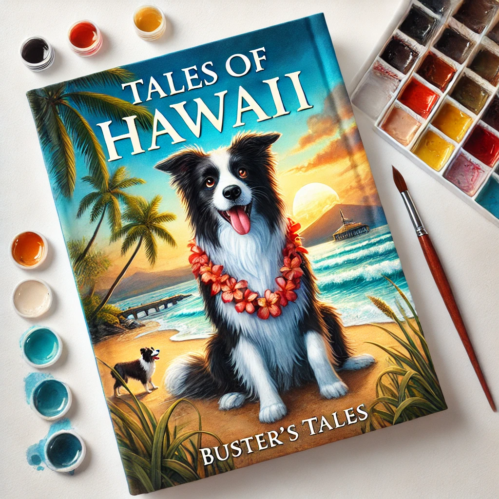 DALL·E 2024-07-17 06.48.26 - Realistic watercolor book cover for 'Tales of Hawaii' from the Buster's Tales Series. The cover features Buster, a heroic Border Collie, enjoying the