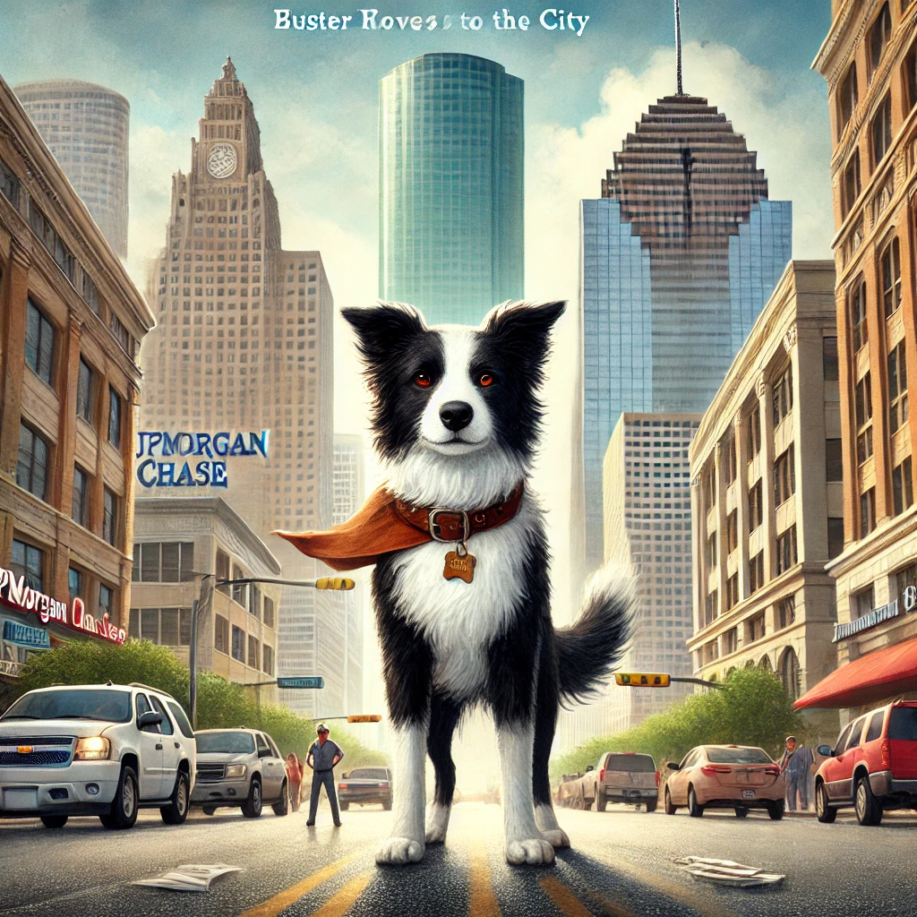 DALL·E 2024-07-17 06.48.32 - Realistic watercolor book cover for 'Buster Moves to the City'. The cover features Buster, a heroic black and white Border Collie without brown spots,